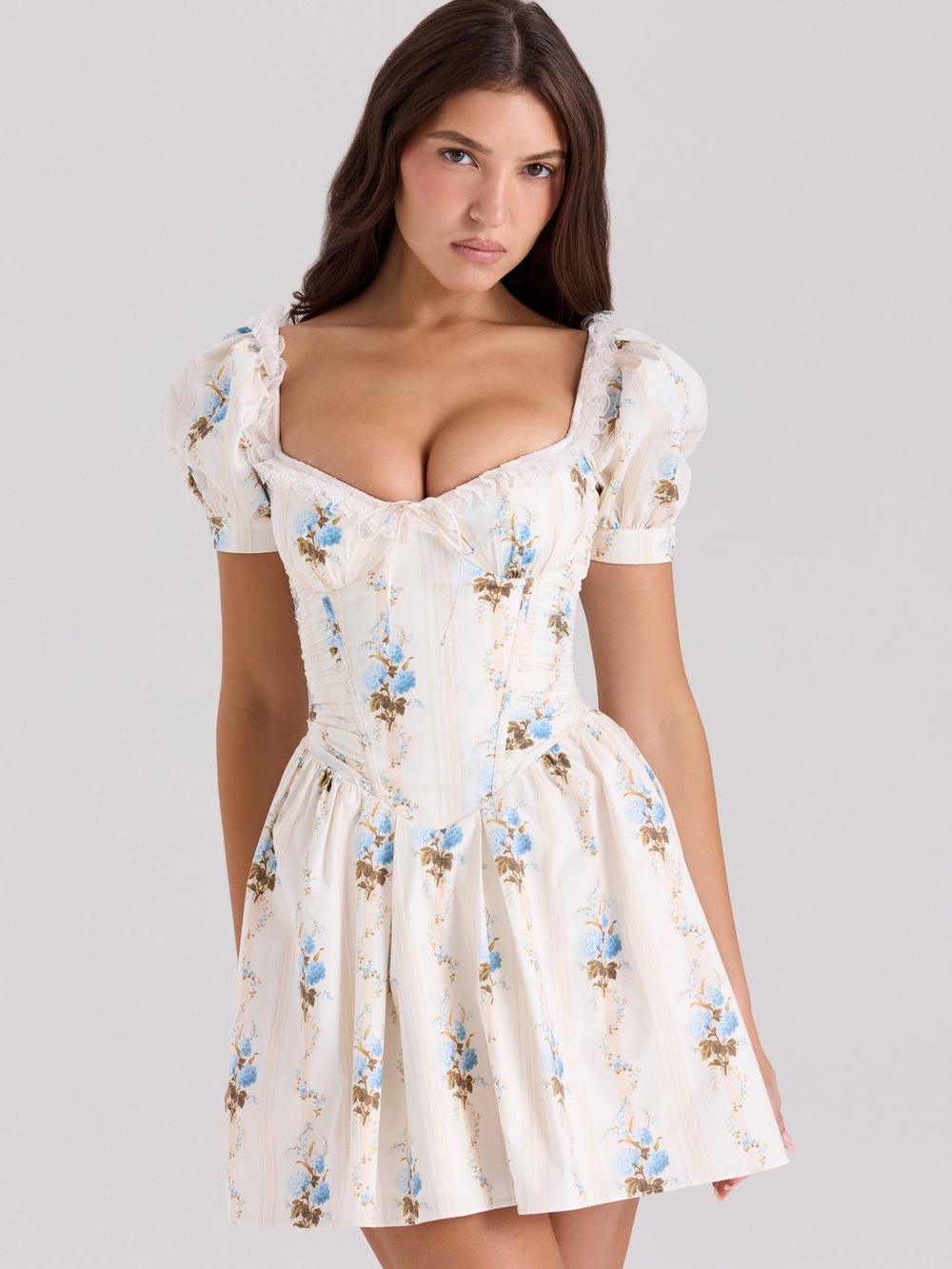 House of CB Issa Cream Floral Puff-Sleeve Corset Mini Dress